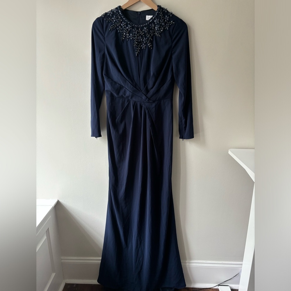 Mac Duggal Dazzling Crew Neckline A-line Dress maxi‎ embellishment Navy Sz 6 - Picture 6 of 12